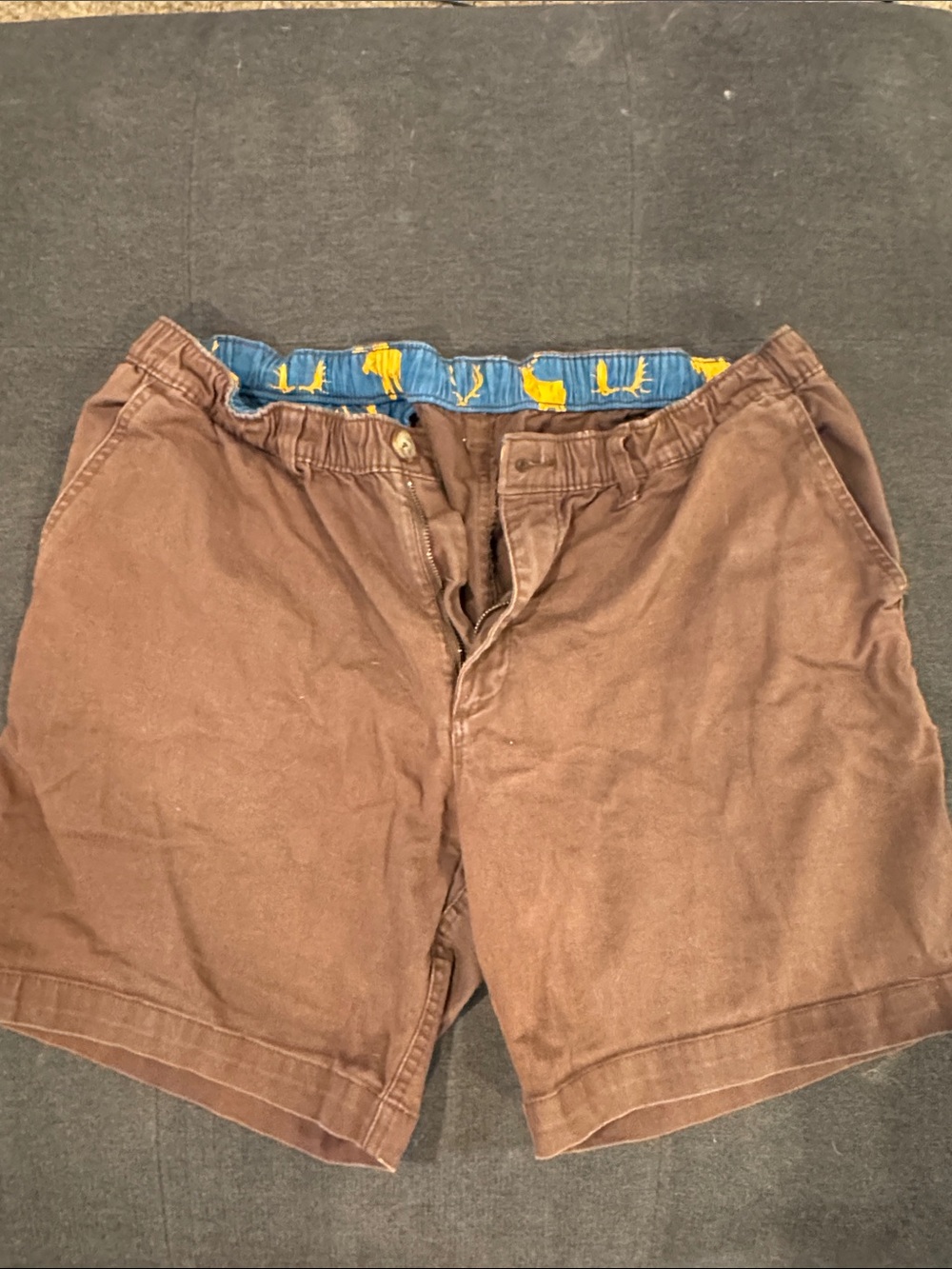 chubbies Brown Flat-Front Shorts with Blue & Yellow Waistband